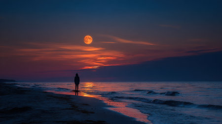 A person stands at the water's edge, gazing at the vibrant sunset reflecting on the calm ocean. The moonlight begins to illuminate the scene, creating a serene atmosphere.の素材