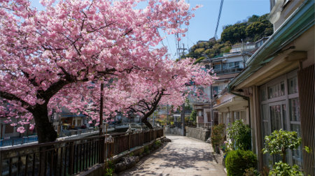 A peaceful street is adorned with vibrant cherry blossoms during spring. The bright pink flowers contrast beautifully with nearby buildings, creating a picturesque scene.の素材