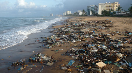 Plastic waste and debris scatter across a sandy beach as waves crash nearby. Tall buildings line the coast under a cloudy sky, revealing urban pollution's impact on nature.の素材