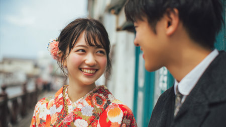 A young couple smiles at each other while wearing colorful traditional attire in a lively town. The scene captures their happiness and connection on a sunny day.の素材