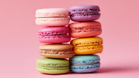 A stack of eight macarons in various colors including pink, purple, and green is arranged on a soft pink background. Each macaron displays a smooth texture and appealing design.の素材