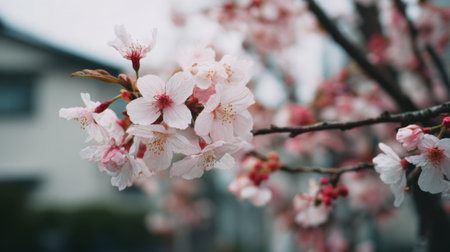 Cherry blossoms are in full bloom on a tree branch in a quiet residential area. The delicate pink flowers signal the arrival of spring with their beauty and fragrance.の素材