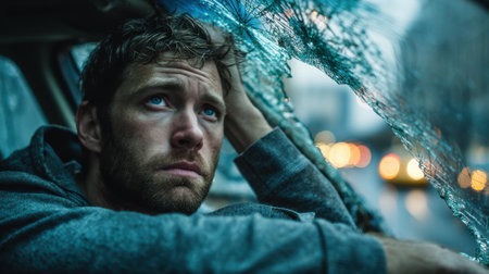 A man expresses concern while sitting in his car, rain pouring outside and urban lights blurred in the background. The shattered window adds to the tense atmosphere.の素材