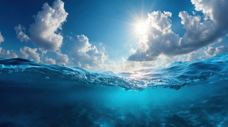 Bright sunlight reflects on serene ocean waves, creating a peaceful atmosphere. Fluffy clouds drift through the clear blue sky, enhancing the tranquil scene by the water.の素材