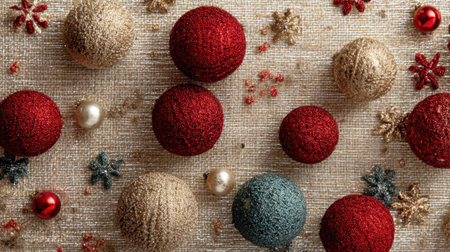 Colorful holiday ornaments in red, gold, and silver are artistically arranged on a sparkling surface. These decorations bring festive cheer and warmth to the holiday season.の素材