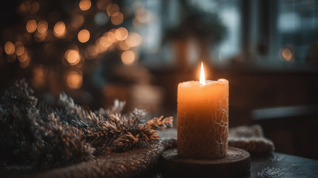 A glowing candle stands on a wooden base, casting soft light in a warmly decorated room filled with festive decorations. Christmas lights twinkle in the background.の素材