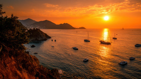 A golden sunset paints the sky and water as sailboats dot the calm ocean. The scene captures the beauty of nature and tranquility at a coastal getaway.の素材