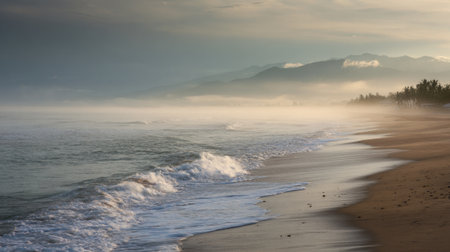 A peaceful beach scene features gentle waves lapping at the shore while mist clings to the nearby mountains. Soft light illuminates the calm water and sandy beach.の素材