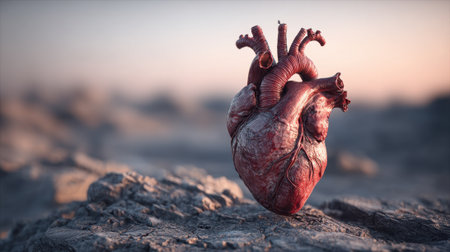 A detailed human heart rests on a rocky terrain illuminated by soft sunlight. The scene captures the heart's intricate structure against a blurred natural background, evoking curiosity.の素材