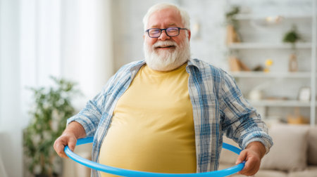 A smiling older man is having fun hula hooping indoors. The room is well-lit, featuring plants and a cozy atmosphere. His joyful expression highlights the enjoyment of the activity.の素材