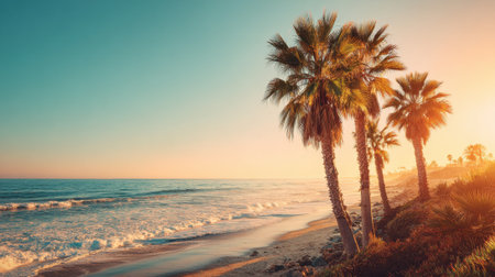 Beautiful sunset lights up the sky and ocean as palm trees gently sway along the sandy beach. Waves crash softly, creating a peaceful atmosphere in the evening.の素材