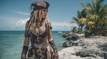 A woman dressed as a pirate walks along a rocky shore lined with palm trees and clear water. The scene captures a sunny day with waves gently lapping at the rocks.の素材