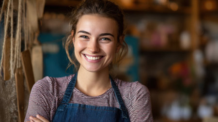 A cheerful young woman with long hair smiles while wearing an apron in a warm, inviting cafe. The bright atmosphere creates a friendly and welcoming vibe.の素材