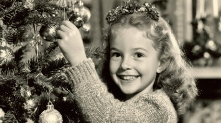 A cheerful young girl places colorful ornaments on a festive Christmas tree surrounded by a warm living room atmosphere. Joy is evident on her face as she enjoys the holiday spirit.の素材