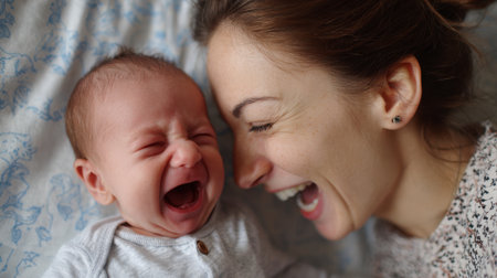 A mother and her baby are enjoying a playful moment together. The baby is laughing loudly while the mother smiles happily. They are cuddled up in a soft environment.の素材
