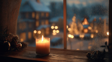 A warm candle glows softly on a wooden surface by a window. Outside, snow falls gently, illuminating festive lights and decorated houses in the evening twilight.の素材