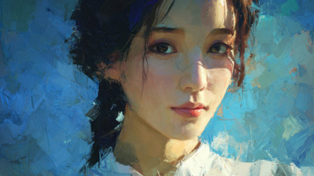 A young woman with a calm expression looks thoughtfully into the distance. Her hair is tied back, and the backdrop features vibrant blue hues, creating a serene atmosphere.の素材