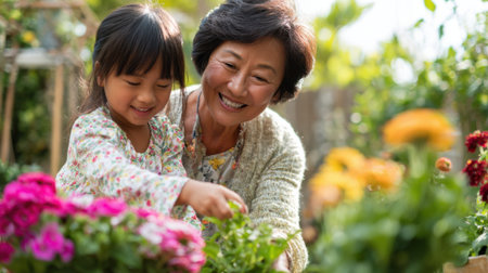 A grandmother and her granddaughter share a joyful moment while gardening together. They are surrounded by colorful flowers in a bright and cheerful backyard during a sunny afternoon.の素材