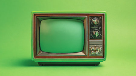A retro television set features a bright green screen and wooden accents. It sits against a matching green background, symbolizing nostalgia and creativity in design.の素材