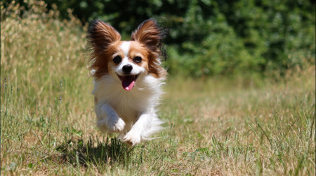 A joyful dog is running freely in a lush green field under clear blue skies. Its ears are flapping as it enjoys the warm sunshine and playful atmosphere.の素材