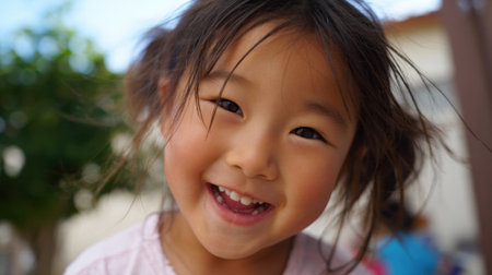 A joyful young girl with long hair smiles widely while outside playing. The warm sunlight highlights her happy expression, showing the joy of childhood. Friends can be seen in the background.の素材