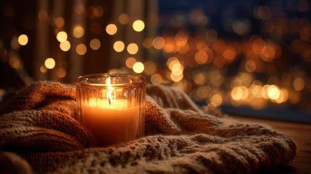 A gentle candle glows brightly beside a knitted blanket, creating a warm atmosphere. Soft city lights twinkle outside, adding to the serene evening vibe.の素材