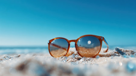 Sunglasses are placed on soft sand by the beach as clear blue sky looms overhead. Gentle waves lap at the shore, creating a peaceful summer scene.の素材