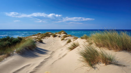 Soft sand dunes stretch along the shoreline, embraced by tall grasses. The ocean sparkles under a bright blue sky, with rolling waves lapping at the shore.の素材
