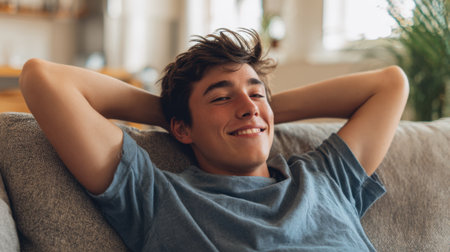 A young man lounges on a soft couch with his arms behind his head, smiling and enjoying a peaceful moment in a well-lit living space filled with plants and warmth.の素材