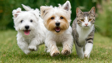 Two small white dogs and a tabby cat are joyfully running together in a green backyard on a sunny afternoon, showing their playful nature and friendship.の素材