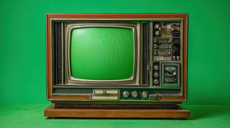 A classic vintage television sits against a vibrant green backdrop. The TV features a wooden frame and intricate knobs, capturing the charm of past media technology and design.の素材