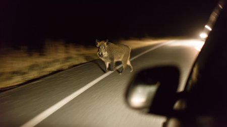 A wild boar walks slowly across a quiet road at night while illuminated by headlights from a passing car. The scene captures rural wildlife encounters under moonlight.の素材