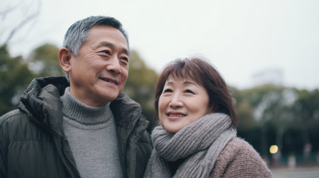 An elderly couple shares a warm smile while standing close together in a serene park. The trees show signs of autumn, creating a cozy atmosphere.の素材
