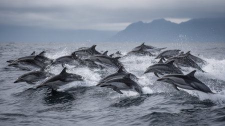 A large group of dolphins leaps out of the water, creating splashes as they move energetically near the coastline on a cloudy day.の素材