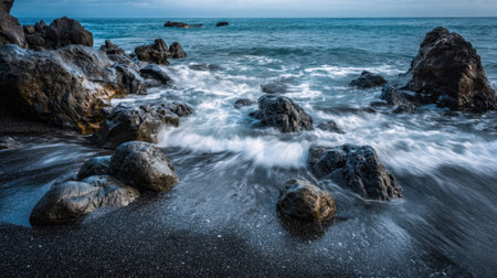Waves gently crash against dark rocks on a beach at twilight. The sky is cloudy, creating a tranquil atmosphere by the ocean.の素材