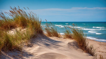 Tall grasses sway gently on sandy dunes as calm ocean waves lap the shore. The sky is clear blue, creating a tranquil and peaceful scene at the beach.の素材
