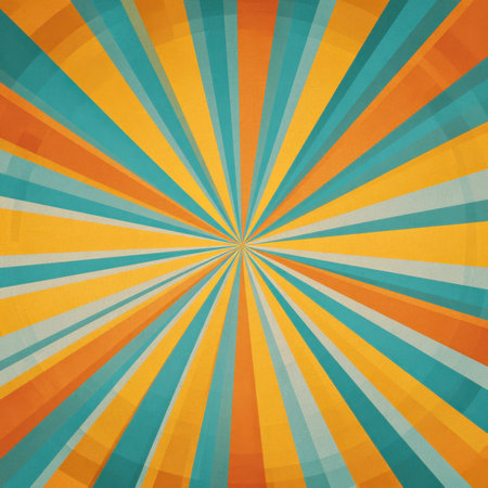 Bright rays of orange and teal extend outward from a central point, forming a dynamic pattern. The vibrant colors blend together, providing an energetic and cheerful vibe.の素材