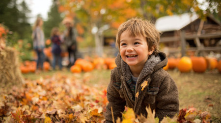 Child laughs while playing in fallen leaves at a pumpkin patch. Bright pumpkins surround him, and family members enjoy the festive atmosphere. It's a cheerful fall day.の素材