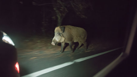 A wild boar walks along the roadside at night, illuminated by headlights. The scene captures the peaceful yet untamed nature of the countryside, highlighting wildlife interaction with roads.の素材