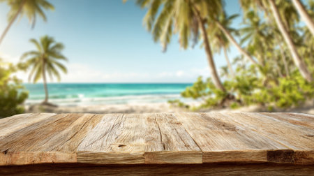 A wooden table stands in the foreground, overlooking a beautiful beach scene. Palm trees surround the area, and waves gently lap against the shore in the distance.の素材