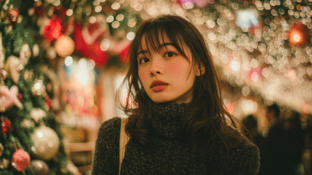 A young woman stands in a festive setting filled with bright holiday lights and ornaments. The atmosphere is warm and inviting, showcasing seasonal cheer and celebration.の素材