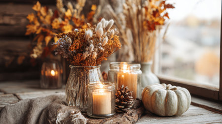 Decorative arrangement of dried flowers in jars, glowing candles, and a small pumpkin on a wooden surface by a window with autumn colors outside, creating a warm atmosphere.の素材