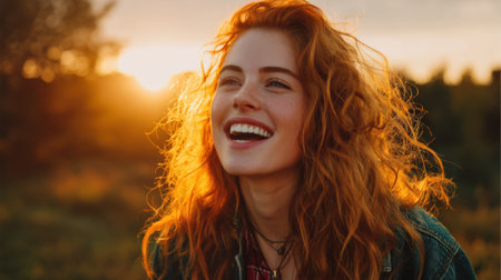 A young woman with curly red hair smiles brightly as the sun sets behind her in a serene forest. Warm light accentuates her joyful expression and carefree spirit.の素材