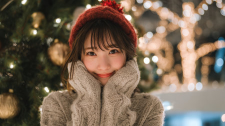 A young woman is smiling joyfully while holding her cheeks, wearing a cozy knit sweater and a red winter hat, surrounded by twinkling Christmas lights and ornaments.の素材