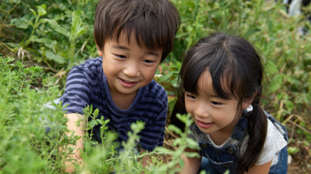 Two children smile as they explore a community garden. They are planting seeds and learning about nature together while enjoying a sunny day outdoors.の素材