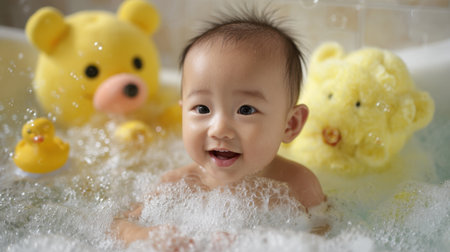 A cheerful baby enjoys bath time with lots of bubbles. Cute teddy bears and rubber ducks provide fun and comfort in a warm, inviting bathroom.の素材