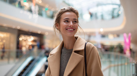 A young woman enjoys her time at a contemporary shopping mall, smiling happily as she walks past shops and escalators. Bright lighting creates a cheerful atmosphere.の素材