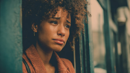 A woman with curly hair gazes thoughtfully out of a window, showing sadness as rain cascades down the glass on a grey, overcast day in the city.の素材