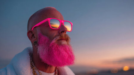 A man stands by the shore during sunset, wearing bright pink sunglasses and sporting a vibrant pink beard. The sky glows with warm colors as evening approaches.の素材