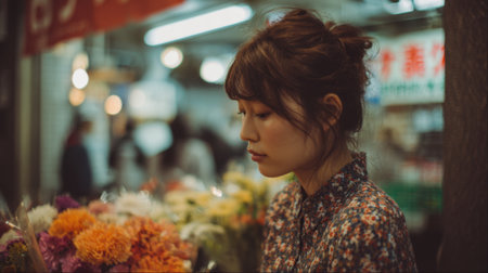A woman stands quietly in front of a flower stall, captivated by the colorful blossoms. The lively market atmosphere buzzes around her as evening sets in.の素材